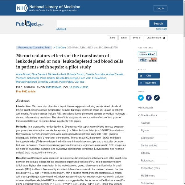 Microcirculatory effects of the transfusion of leukodepleted or non-leukodepleted red blood cells in patients with sepsis: a pilot study