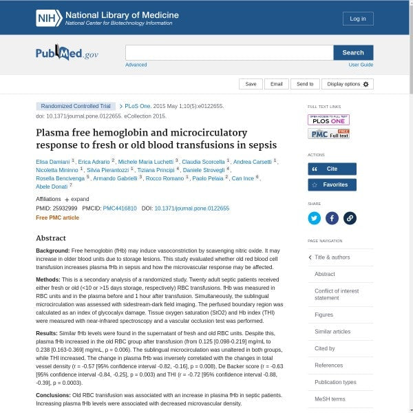 Plasma free hemoglobin and microcirculatory response to fresh or old blood transfusions in sepsis