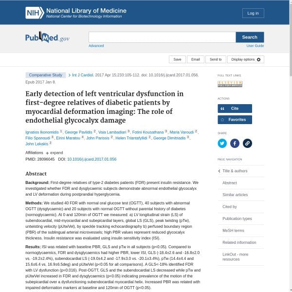 Early detection of left ventricular dysfunction in first-degree relatives of diabetic patients by myocardial deformation imaging: The role of endothelial glycocalyx damage