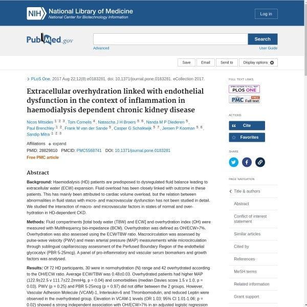 Extracellular overhydration linked with endothelial dysfunction in the context of inflammation in haemodialysis dependent chronic kidney disease