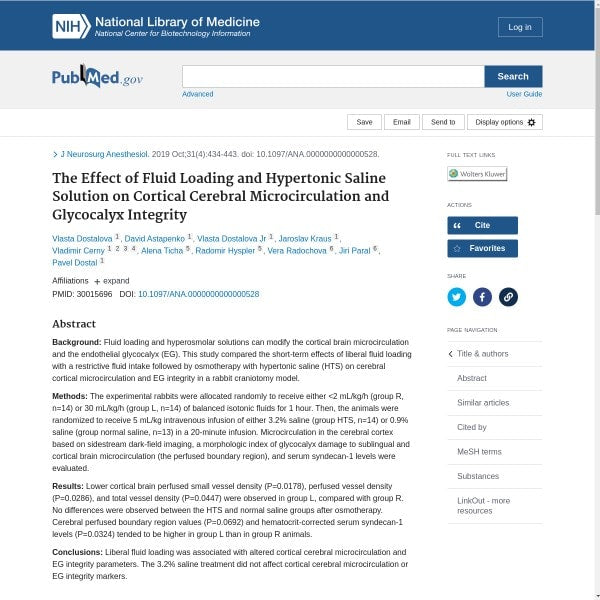 The Effect of Fluid Loading and Hypertonic Saline Solution on Cortical Cerebral Microcirculation and Glycocalyx Integrity.