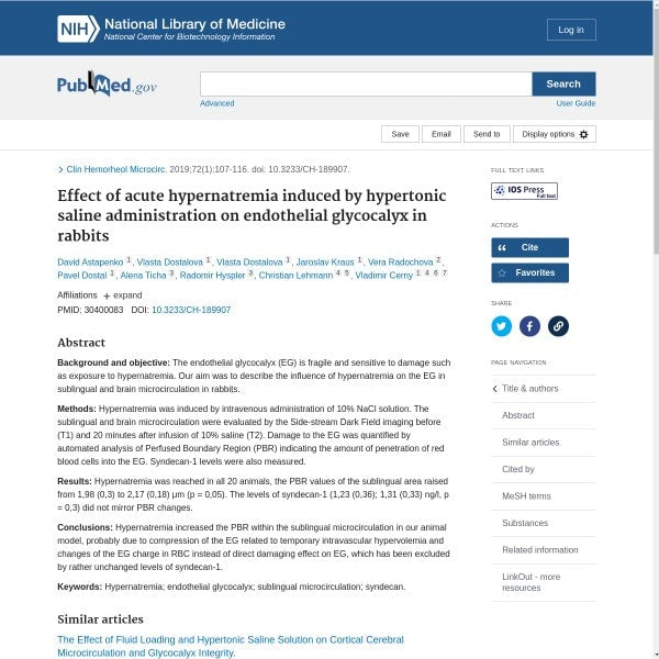 Effect of acute hypernatremia induced by hypertonic saline administration on endothelial glycocalyx in rabbits.