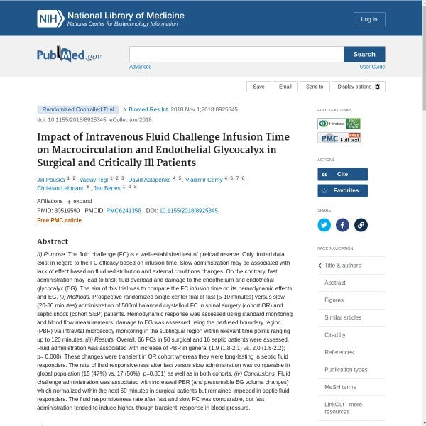 Impact of Intravenous Fluid Challenge Infusion Time on Macrocirculation and Endothelial Glycocalyx in Surgical and Critically Ill Patients.