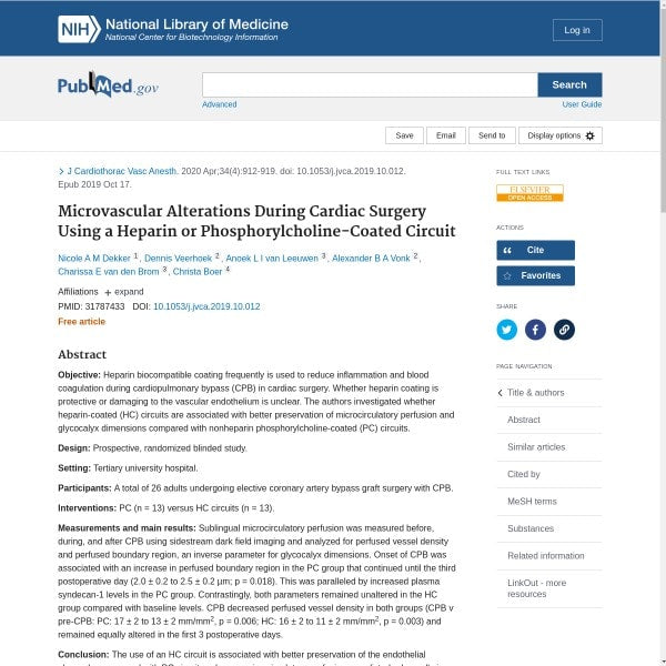 Microvascular Alterations During Cardiac Surgery Using a Heparin or Phosphorylcholine-Coated Circuit
