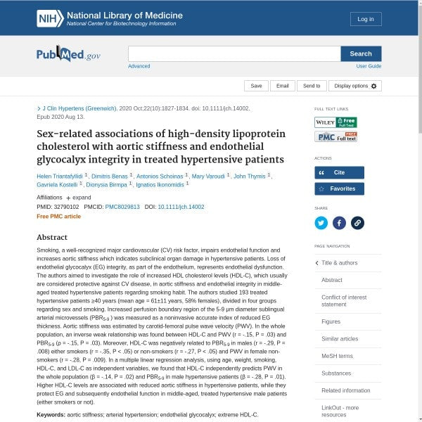 Sex-related associations of high-density lipoprotein cholesterol with aortic stiffness and endothelial glycocalyx integrity in treated hypertensive patients