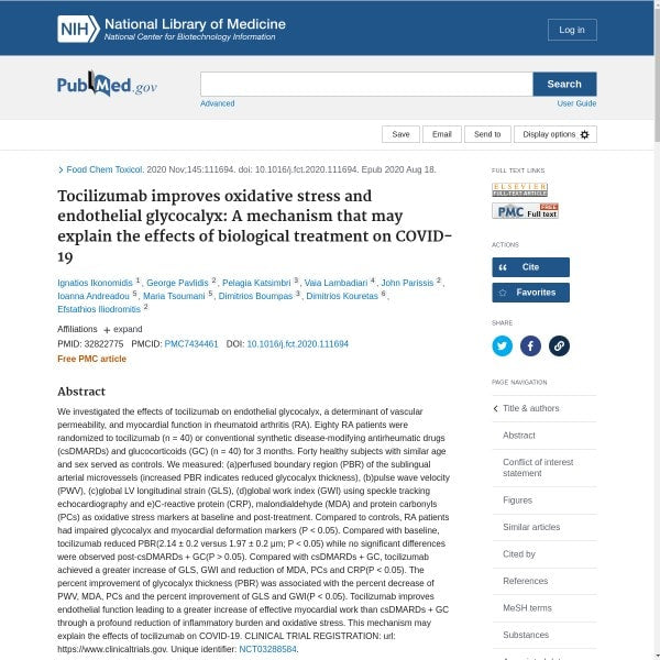 Tocilizumab improves oxidative stress and endothelial glycocalyx: A mechanism that may explain the effects of biological treatment on COVID-19