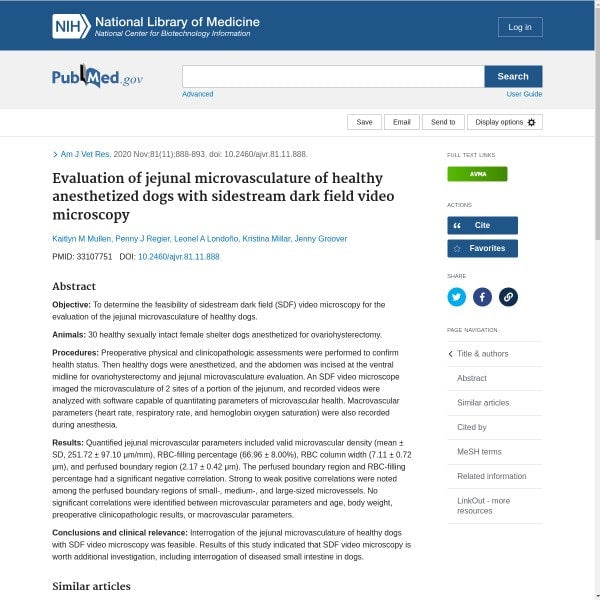 Evaluation of jejunal microvasculature of healthy anesthetized dogs with sidestream dark field video microscopy