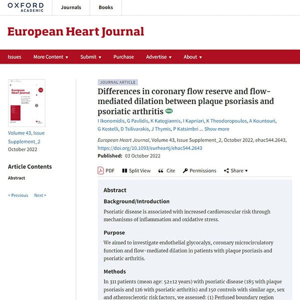 Differences in coronary flow reserve and flow-mediated dilation between plaque psoriasis and psoriatic arthritis