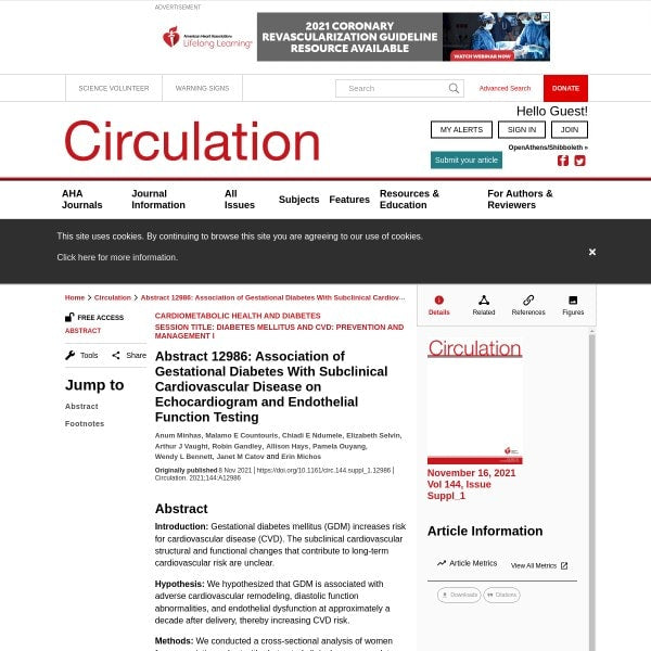 Association of Gestational Diabetes With Subclinical Cardiovascular Disease on Echocardiogram and Endothelial Function Testing (Abstract 12986)