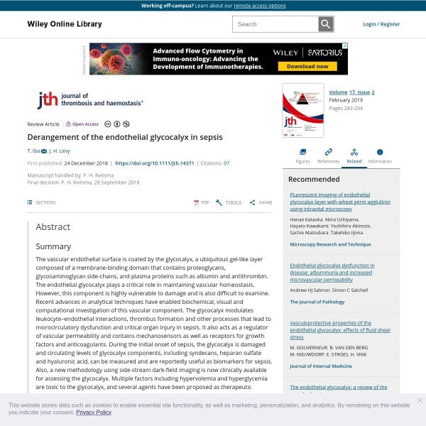 Derangement of the endothelial glycocalyx in sepsis