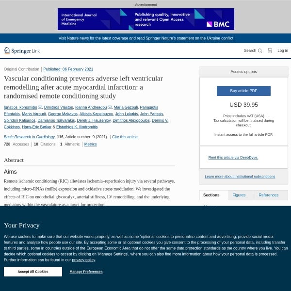 Vascular conditioning prevents adverse left ventricular remodelling after acute myocardial infarction: a randomised remote conditioning study