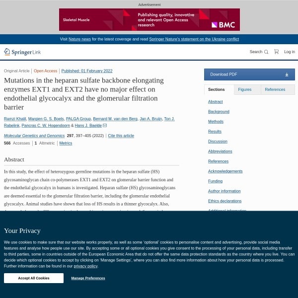 Mutations in the heparan sulfate backbone elongating enzymes EXT1 and EXT2 have no major effect on endothelial glycocalyx and the glomerular filtration barrier
