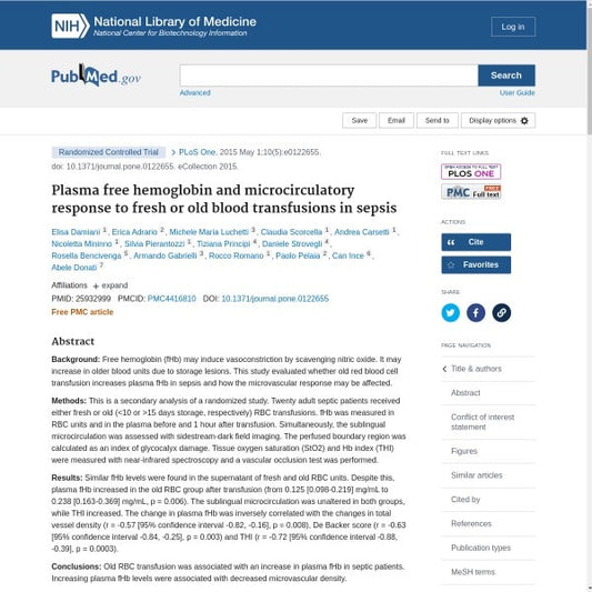 Plasma free hemoglobin and microcirculatory response to fresh or old blood transfusions in sepsis