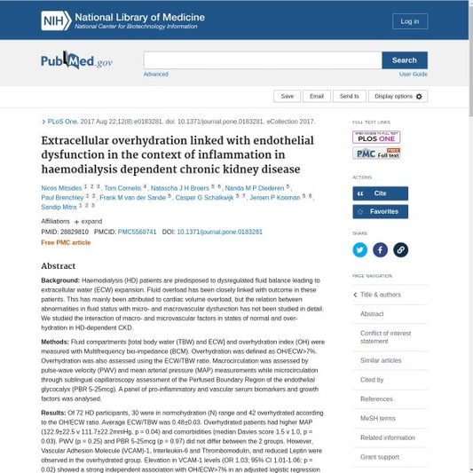 Extracellular overhydration linked with endothelial dysfunction in the context of inflammation in haemodialysis dependent chronic kidney disease