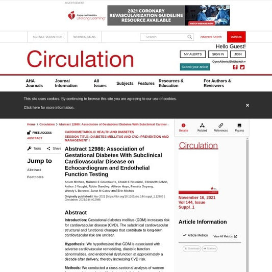 Association of Gestational Diabetes With Subclinical Cardiovascular Disease on Echocardiogram and Endothelial Function Testing (Abstract 12986)