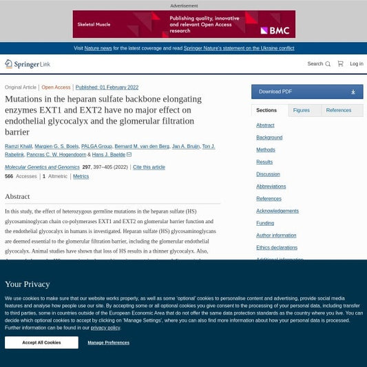 Mutations in the heparan sulfate backbone elongating enzymes EXT1 and EXT2 have no major effect on endothelial glycocalyx and the glomerular filtration barrier