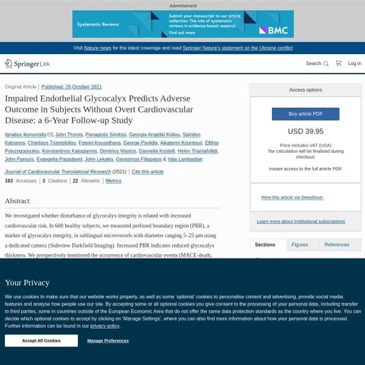 Impaired Endothelial Glycocalyx Predicts Adverse Outcome in Subjects Without Overt Cardiovascular Disease: a 6-Year Follow-up Study