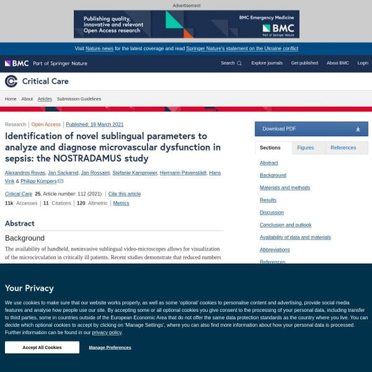 Identification of novel sublingual parameters to analyze and diagnose microvascular dysfunction in sepsis: the NOSTRADAMUS study (link to Critical Care)