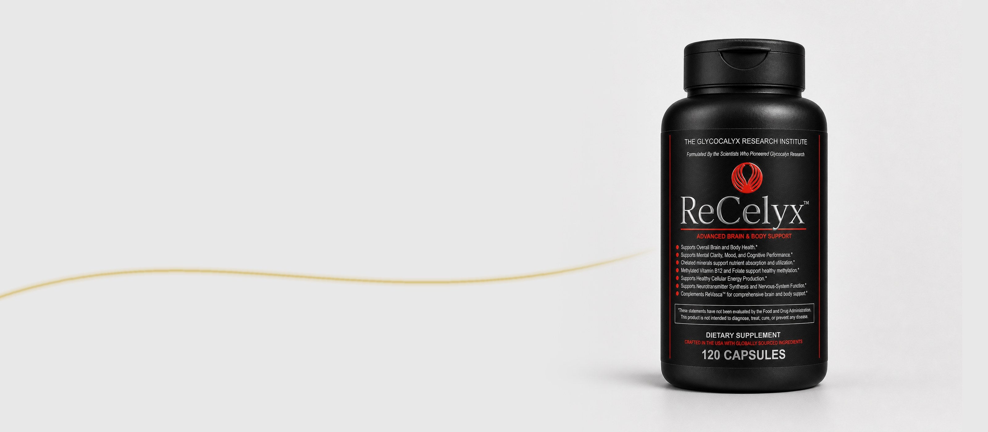 ReCelyx black bottle on light studio background with golden thread
