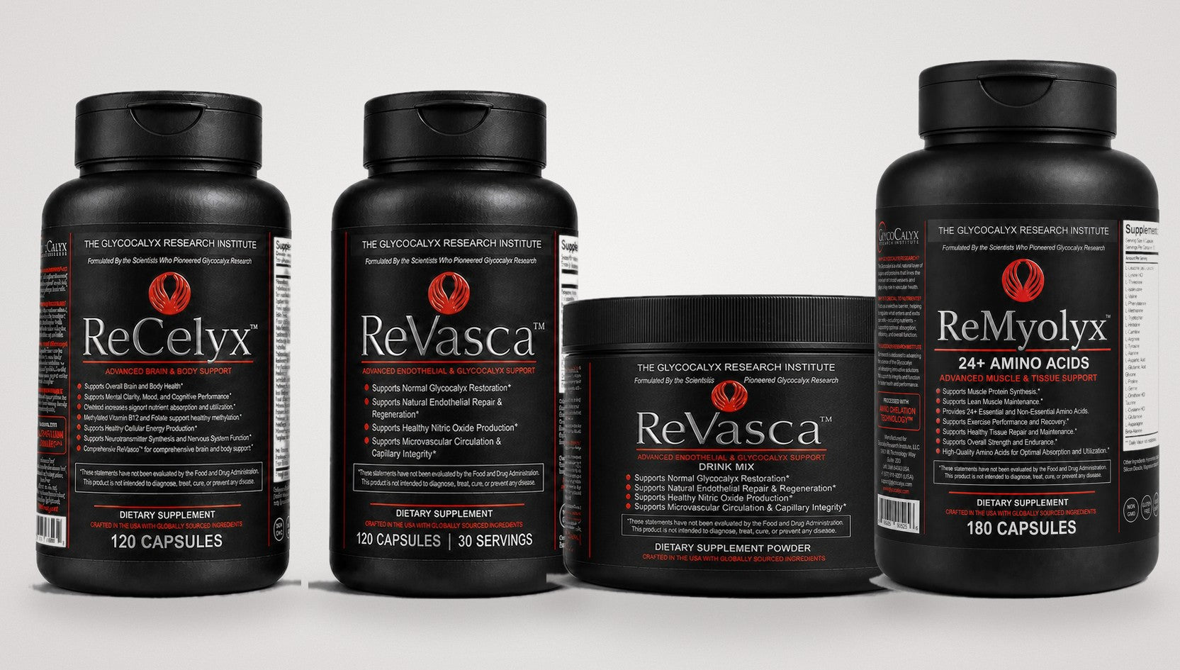 ReCelyx, ReVasca capsules, ReVasca drink mix, and ReMyolyx in matte black