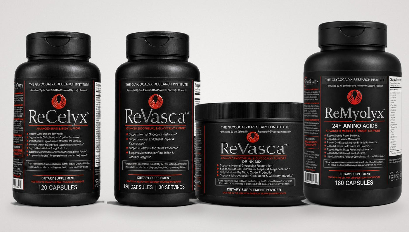 ReCelyx, ReVasca capsules, ReVasca drink mix and ReMyolyx in black packaging