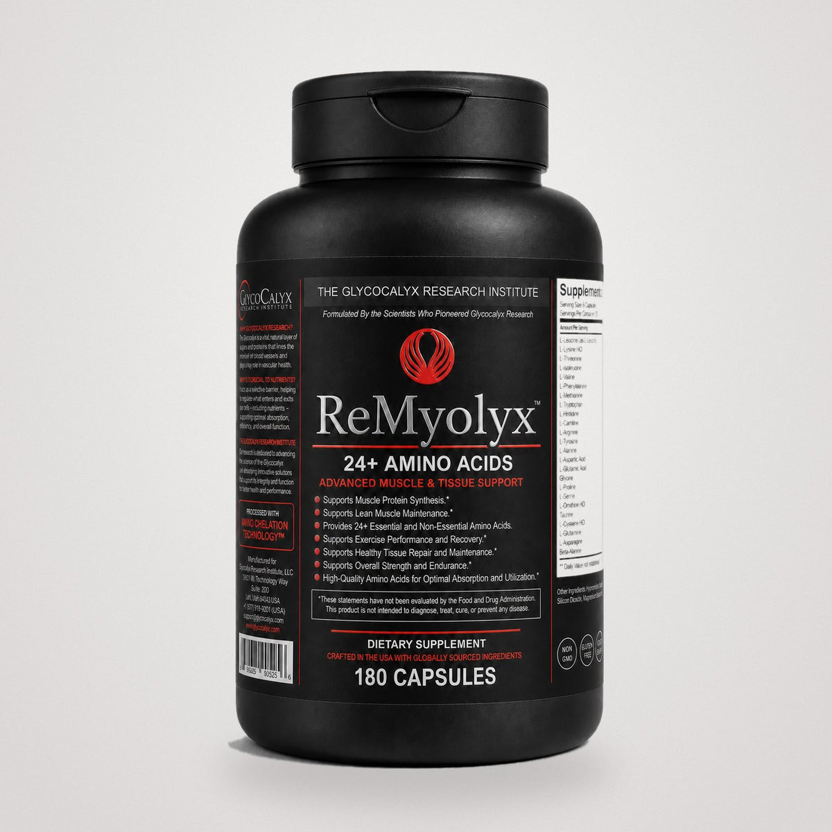 ReMyolyx 24+ Amino Acids matte black bottle — 180 capsules, Advanced Muscle & Tissue Support