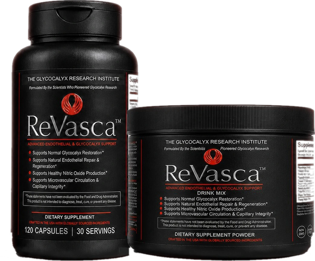 ReVasca capsules and ReVasca drink mix in the new black packaging